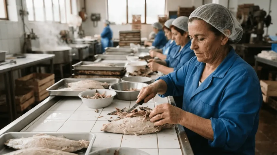 proceso de limpieza y preparación manual de los lomos en una conservera.